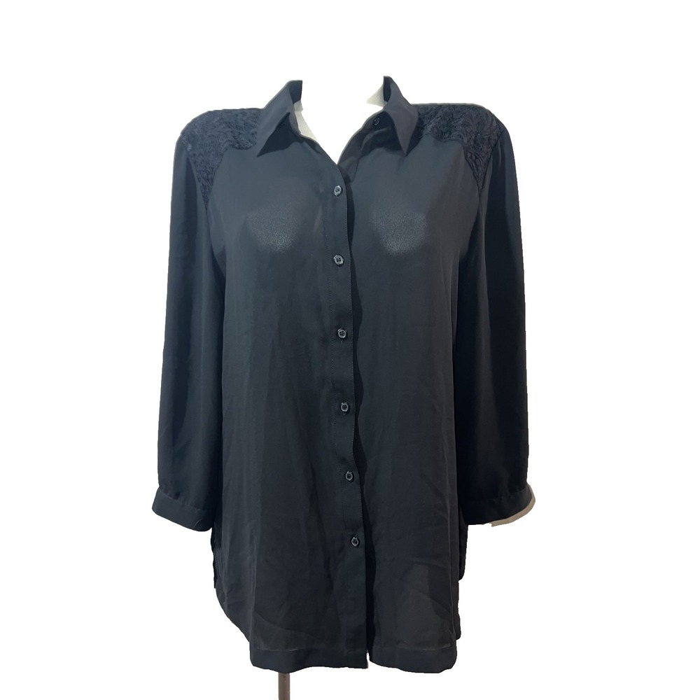 Chicos Top Black Sheer Button Down Blouse w/Floral Lace Back & Shoulders LS XL/3